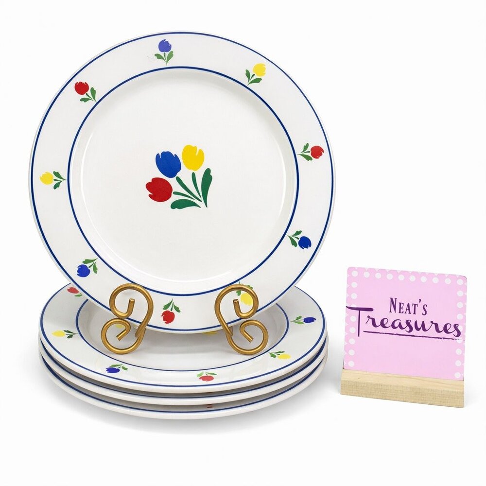 JMP Marketing TULIP TYME Red Blue Yellow Tulips Stoneware Dinner Plates Set of 4